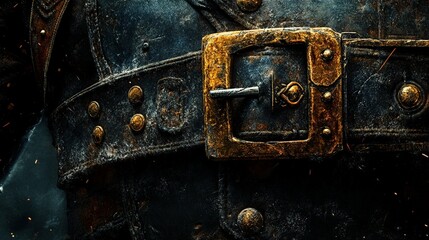 Close-up of aged, rusty leather belt buckle