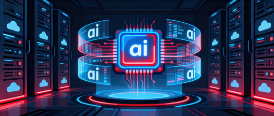 This image showcases artificial intelligence in a high-tech server room with cloud elements, highlighting advanced technology and digital processing.