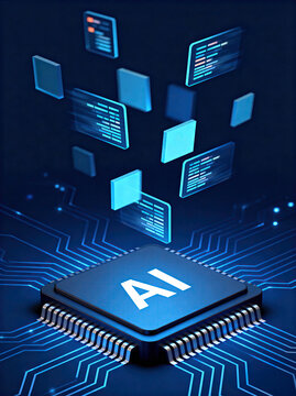 An image showcasing an AI chip with code elements floating above, representing technology and digital innovation.