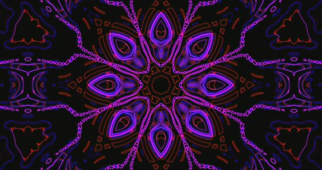 A vivid abstract design features neon lines in purple and red