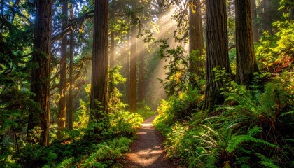 Obraz premium Sunlight filters through tall trees onto a winding path in a lush forest; green foliage and ferns abound