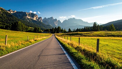Naklejka premium Straight road leads to distant jagged mountains, bordered by bright green fields under a blue sky with light clouds in the distance