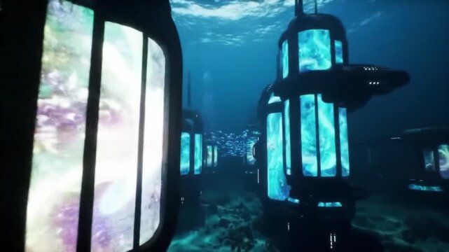 Submerged futuristic metropolis with towering structures and glowing screens depicting digital faces, a surreal vision of a deep-sea civilization