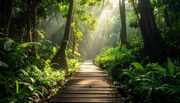 Sunlit path through a lush tropical forest