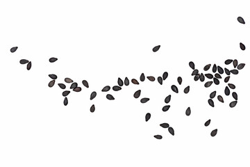 Black sesame seeds close up on white background