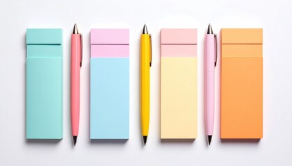 Six vertically aligned colorful block-style erasers alternating with pens, all cast shadow on a white background