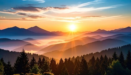 Warm sunrise paints the distant blue mountain range partially obscured by soft clouds in a valley, with dense green trees in the foreground