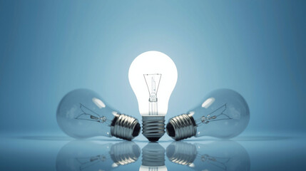 A single glowing light bulb stands out among a row of unlit bulbs, symbolizing a unique idea, creativity, and innovation