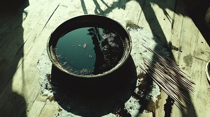 Dark, round container filled with murky water, likely dye, on wooden floor