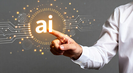 A hand touches a digital AI symbol surrounded by binary code, representing modern technology and AI innovation.