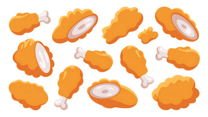 Crispy golden fried chicken pieces variety assortment delicious appetizing food isolated on transparent background