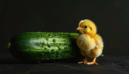 Obraz premium Tiny yellow chick stands next to a large, dark green cucumber against a plain black backdrop. High-contrast, studio lighting, cute pose