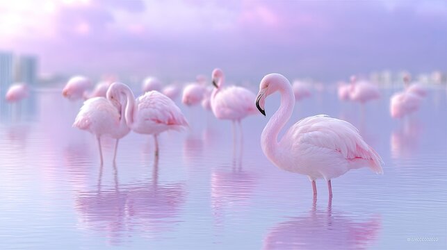 Flock of Pink Flamingos Standing in Calm Water with Cityscape Haze Background at Dusk