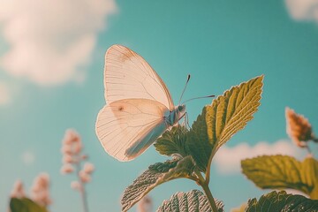 Delicate white butterfly on a leaf