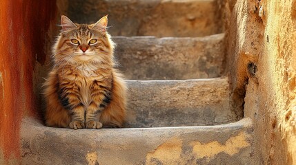 Fluffy ginger cat sits on stone steps