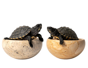 Two small turtles in light beige stone bowls