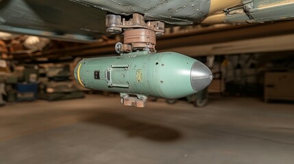 Gray missile hangs from aircraft in hangar