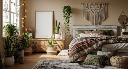 Tranquil bohemian bedroom interior with natural light plants and a cozy bed adorned with a macrame wall hanging and