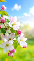 Blossoming apple tree branches against a vibrant spring sky