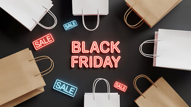 Black Friday sale promotion with neon sign and shopping bags on dark background