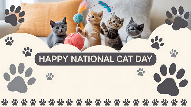 Four kittens playing with toys on a cozy couch, celebrating National Cat Day with paw print decorations