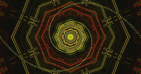 Geometric pattern in yellow and red against a dark backdrop