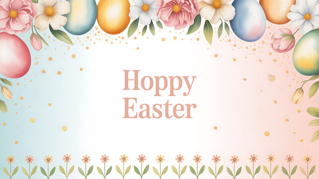 Easter greeting card with colorful eggs, flowers, and 'Hoppy Easter' text on a pastel background