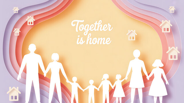 Paper cutout family holding hands with homes and colorful background, featuring the text 'Together is home'