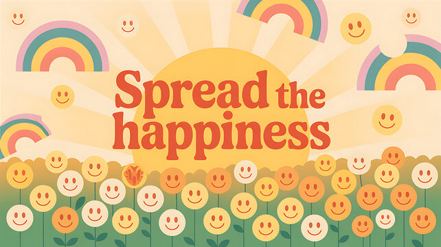 Colorful illustration with smiling flowers, rainbows, and sun rays promoting happiness