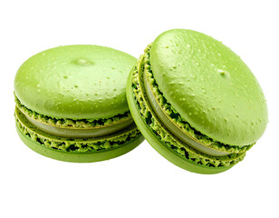 Two vibrant green macarons,  close-up,  isolated