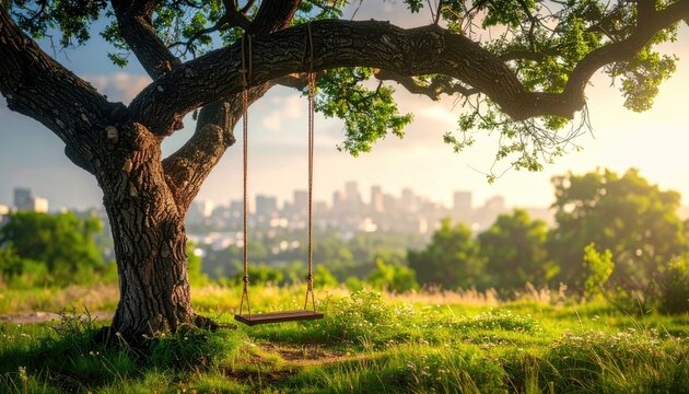 Rustic swing hangs from a tree in a sunlit meadow, with an urban skyline in the misty distance, blending nature with cityscape