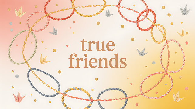 Illustration of intertwined colorful ropes forming a circular pattern with origami birds and the text 'true friends' on a warm gradient background