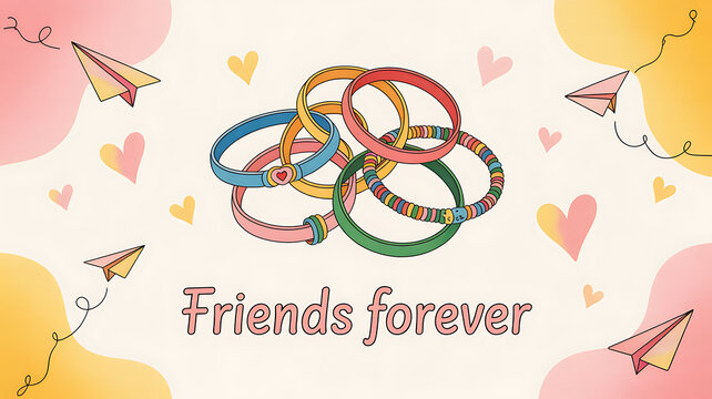 Colorful friendship bracelets intertwined with paper airplanes and hearts on a soft background, symbolizing lasting friendship.