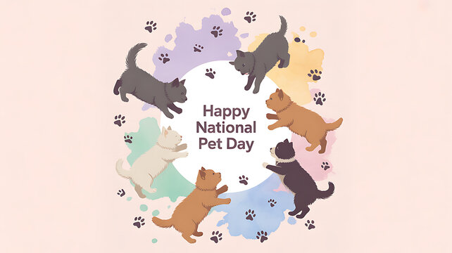 Illustration of cats and dogs celebrating National Pet Day with paw prints and colorful background