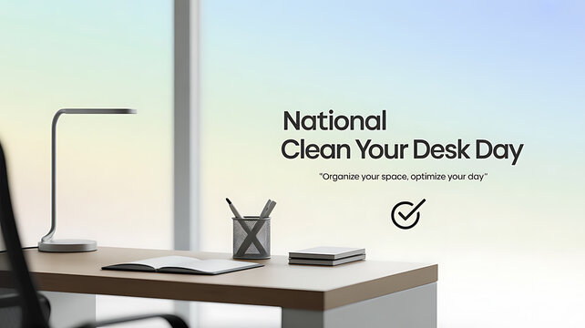 National Clean Your Desk Day promotional image featuring a tidy workspace with desk, lamp, notebook, and pen holder.