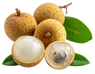 Cluster of longans, some halved, with leaves