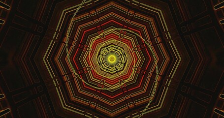 Vibrant geometric pattern with glowing center in dark setting