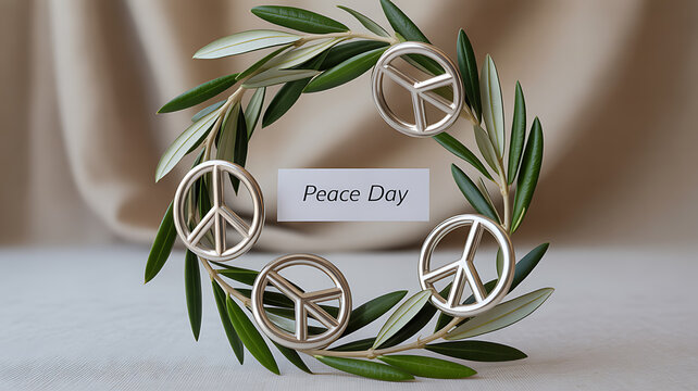 Olive wreath adorned with peace symbols for Peace Day celebration
