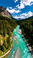 Turquoise river winding through a lush valley, surrounded by towering mountains and dense forests under a partly cloudy sky