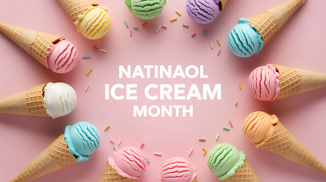 Colorful ice cream cones arranged in a circle with sprinkles on a pink background celebrating National Ice Cream Month