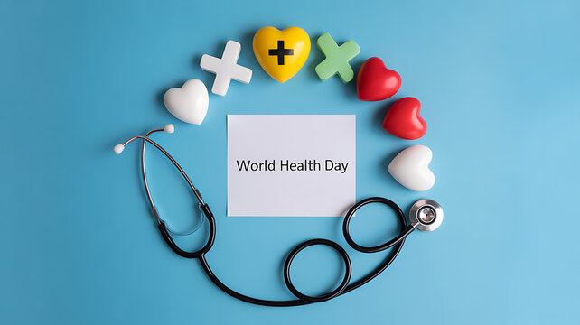 World Health Day symbolized with stethoscope, hearts, and medical signs on blue background