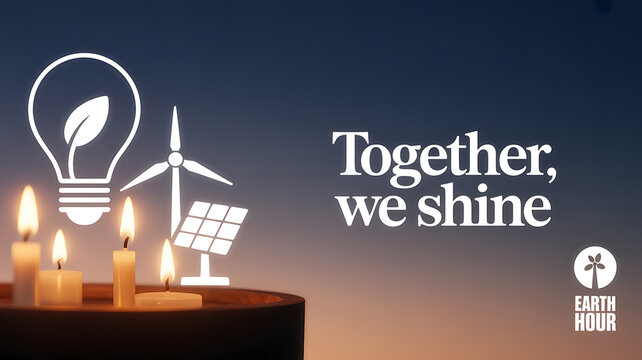 Candles lit during Earth Hour with symbols of renewable energy and the slogan 'Together, we shine'