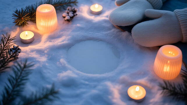 Snowy winter scene with glowing candles, pine branches, and mittens arranged around a circular snow depression