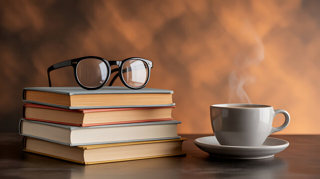 Stack of books with reading glasses and steaming cup of coffee on a wooden table