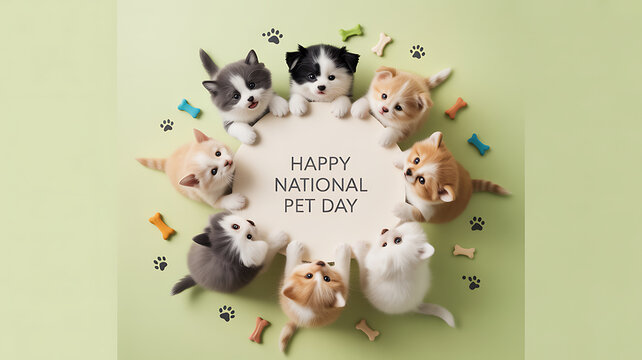 Cute kittens and puppies arranged in a circle around a 'Happy National Pet Day' message on a green background with bones and paw prints.