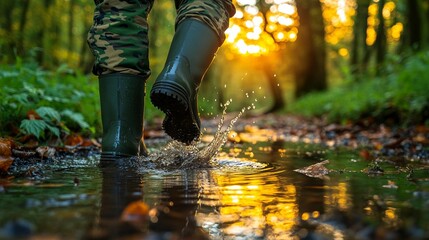 Person in camouflage walking through a shallow, sunny forest stream