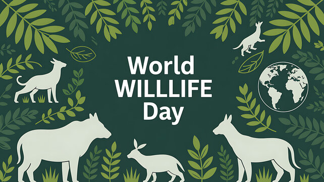 World Wildlife Day illustration featuring silhouettes of animals and foliage on a green background