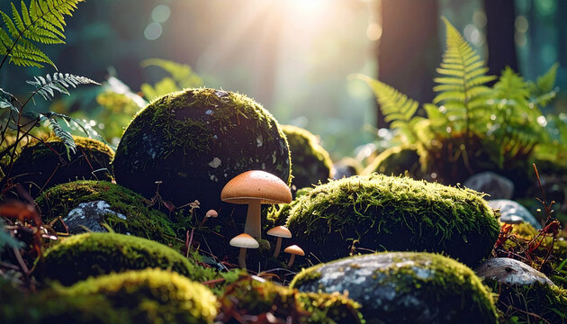 Moss Covered Forest Stones . Nature Concept. Generated Image