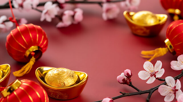 Traditional Chinese New Year decorations including red lanterns, gold ingots, and cherry blossoms on a red background