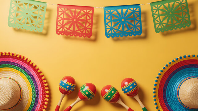Colorful Mexican fiesta decorations including sombreros, maracas, and papel picado banners on a yellow background